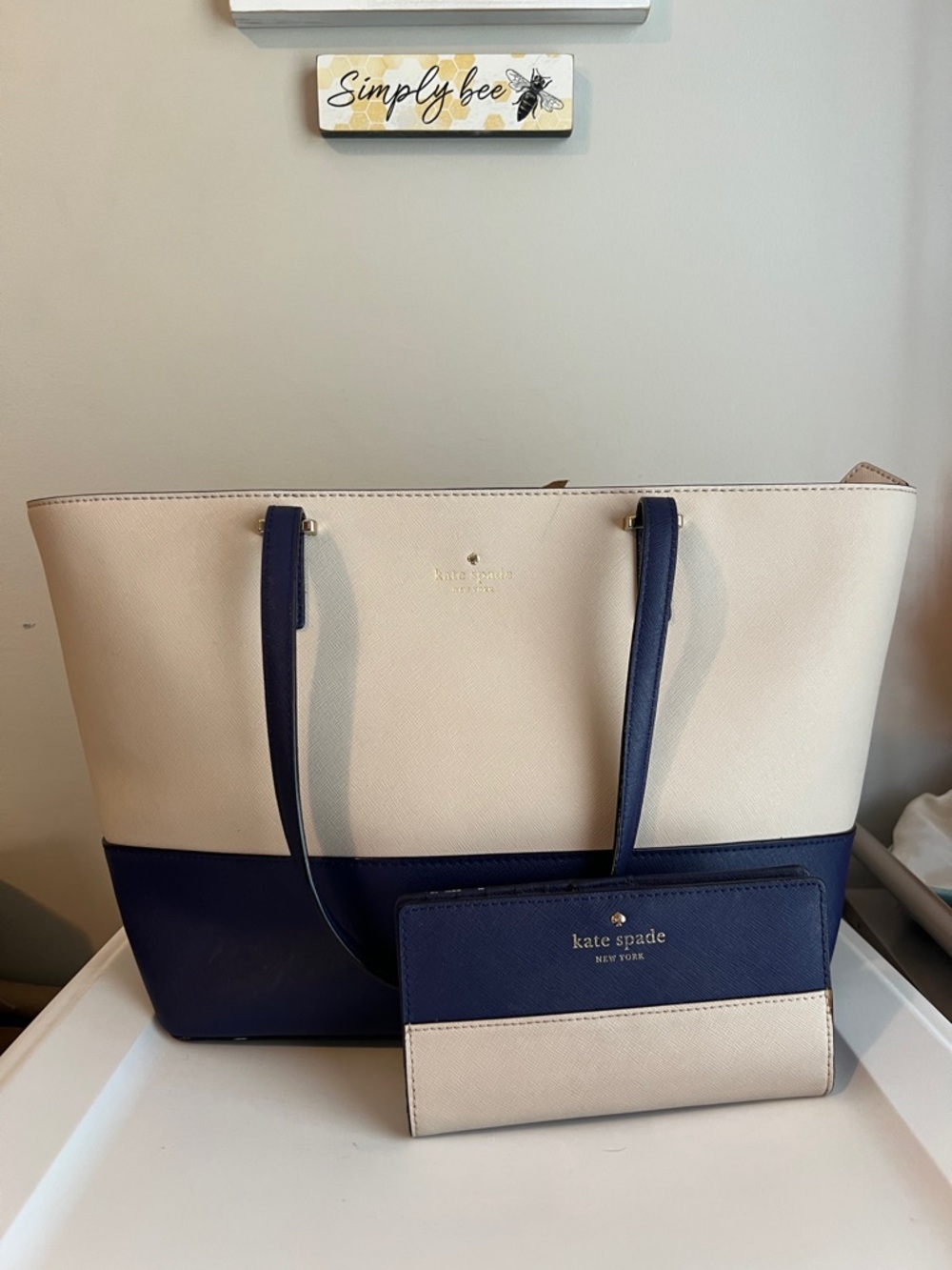 kate spade Cream and Navy Two-Tone Tote with Matching Wallet